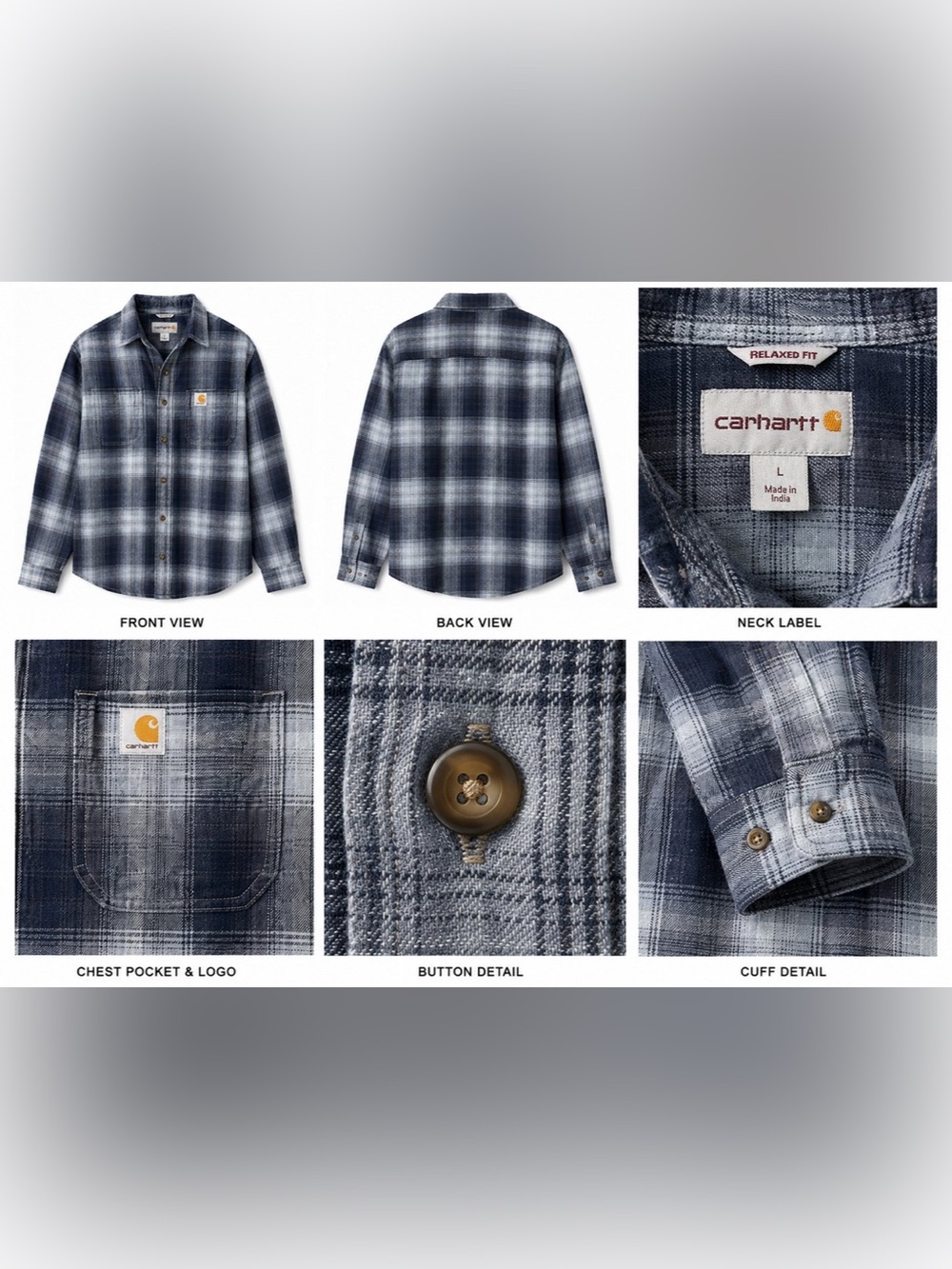 Carhartt Men’s Blue and Gray Plaid Button-Down Shirt